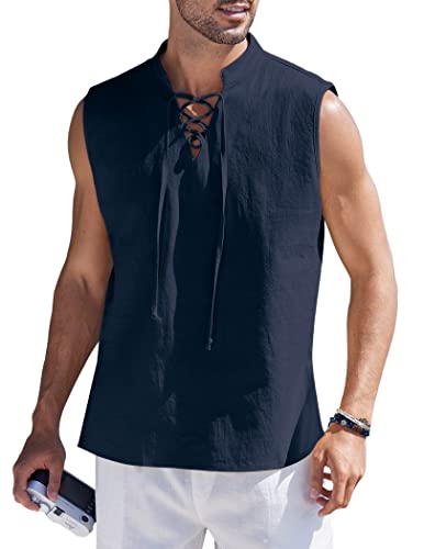 COOFANDY Herren Tanktops aus Baumwolle und Leinen, ärmellos, Schwarz, Blau, XL von COOFANDY