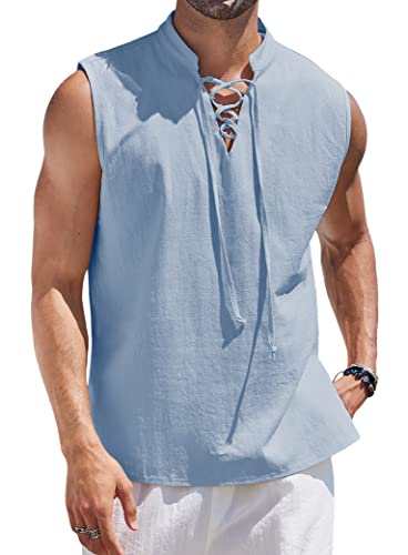 COOFANDY Herren Tanktops aus Baumwolle und Leinen, ärmellos, Schwarz, Himmelblau, Klein von COOFANDY