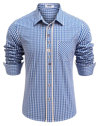 COOFANDY Herren Trachtenhemd Langarm mit Baumwolle Kariertes Oktoberfest Hemd Freizeithemd Bayrisches Karohemden Blau 3XL von COOFANDY