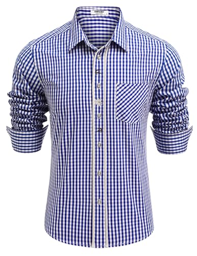 COOFANDY Herren Trachtenhemd Langarm mit Baumwolle Kariertes Oktoberfest Hemd Freizeithemd Bayrisches Karohemden Dunkelblau XL von COOFANDY