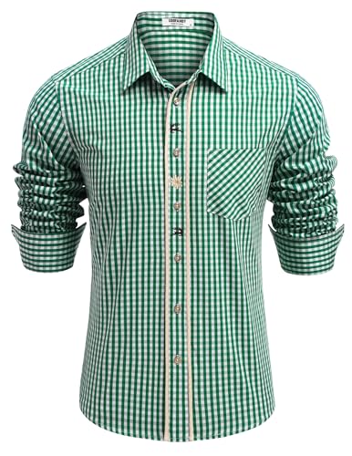 COOFANDY Herren Trachtenhemd Langarm mit Baumwolle Kariertes Oktoberfest Hemd Freizeithemd Bayrisches Karohemden Grün L von COOFANDY