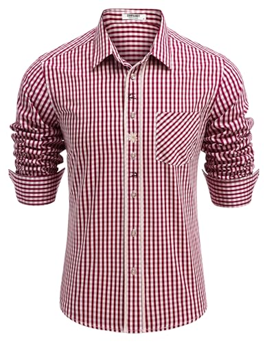 COOFANDY Herren Trachtenhemd Langarm mit Baumwolle Kariertes Oktoberfest Hemd Freizeithemd Bayrisches Karohemden Rot L von COOFANDY