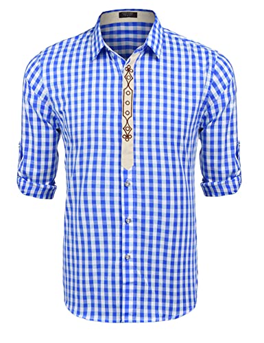 COOFANDY Herren Trachtenhemd Oktoberfest Hemd Langarm Regular Fit Karohemd Freizeithemden Bayrisches Hemd Männer Trachten Hemden Festhemd Trachtenshirt Blau 3XL von COOFANDY