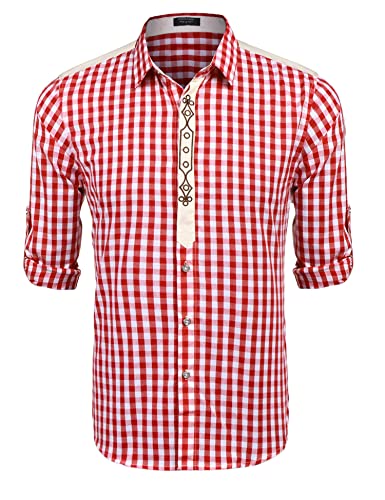 COOFANDY Herren Trachtenhemd Regular fit Oktoberfest Hemd Kariertes Oktoberfest Herren Outfit Karohemden Trachten Hemden Festhemd Bayrisches Hemd Männer Winerot L von COOFANDY