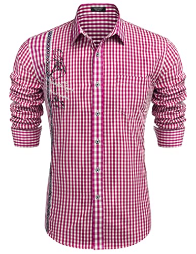 COOFANDY Herren Trachtenhemd Slim Fit Kariertes Hemd Langarm mit Bestickt Oktoberfest Trachten Hemd für Männer Rose XL von COOFANDY