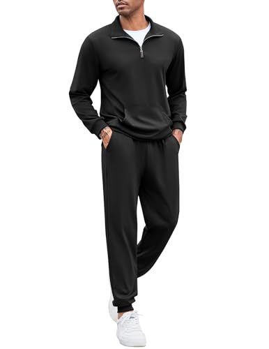 COOFANDY Herren-Trainingsanzug, 2-teilig, Viertelreißverschluss, lässig, athletisch, Laufen, Jogginganzüge, Schwarz, Small von COOFANDY