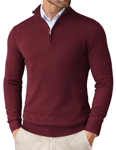 COOFANDY Herren Turtleneck Rollkragenpullover Winterpullover mit 1/4 Zip Kragen Herrenpullover Slim Fit Strickpullover Sweater Freizeit Rotwein M von COOFANDY