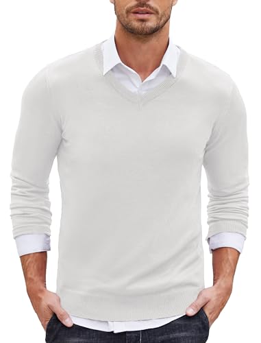 COOFANDY Herren V Ausschnitt Dünner Pullover Langarmshirt Strickpullover Basic Pullover Sweater Business Fall Tops Reines Weiß XXL von COOFANDY