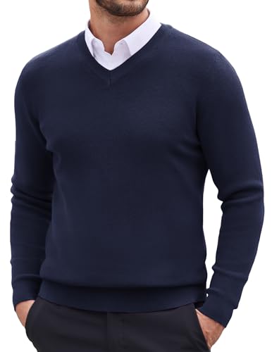 COOFANDY Herren V-Ausschnitt Kleid Pullover Strick Langarm Casual Slim Fit Pullover Pullover, Marineblau, Groß von COOFANDY