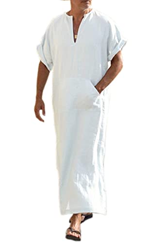 COOFANDY Herren V-Ausschnitt Leinen Robe Kurzarm Kaftan Thobe Langes Kleid Freizeithemd für Strand, Sommer, 01-weiß, XXX-Large von COOFANDY
