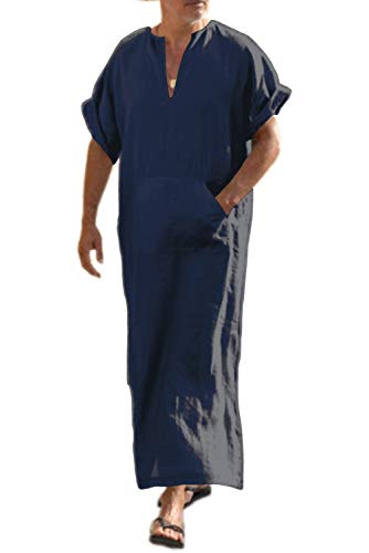 COOFANDY Herren V-Ausschnitt Leinen Robe Kurzarm Kaftan Thobe Langes Kleid Freizeithemd für Strand, Sommer, marineblau, XX-Large von COOFANDY