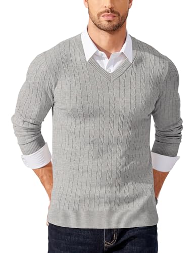 COOFANDY Herren V Ausschnitt Pullover Langarm Strickpullover Feinstrick Zopfmuster Männer Pulli Hellgrau L von COOFANDY