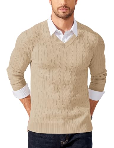 COOFANDY Herren V Ausschnitt Pullover Langarm Strickpullover Feinstrick Zopfmuster Männer Pulli Khaki S von COOFANDY