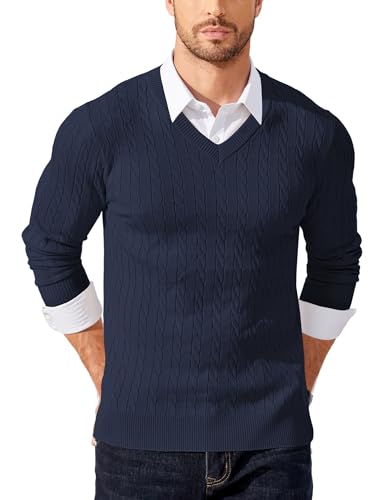 COOFANDY Herren V Ausschnitt Pullover Langarm Strickpullover Feinstrick Zopfmuster Männer Pulli Navy Blau S von COOFANDY
