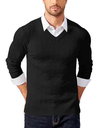 COOFANDY Herren V Ausschnitt Pullover Langarm Strickpullover Feinstrick Zopfmuster Männer Pulli Schwarz S von COOFANDY