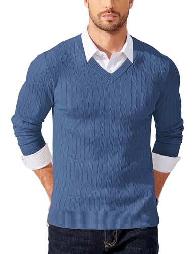 COOFANDY Herren V Ausschnitt Pullover Langarm Strickpullover Feinstrick Zopfmuster Männer Pulli Blau L von COOFANDY