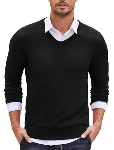 COOFANDY Herren V Ausschnitt Pullover Slim Fit Langarm Sweater Winter Männer Strickpullover Pulli Herren Schwarz L von COOFANDY