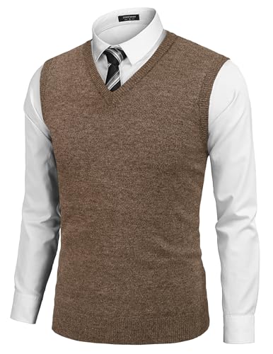 COOFANDY Herren V-Ausschnitt Sleeveless Classic Gentleman Winter Strickwaren Strick Pullover Strickjacken Tanktops Braun M von COOFANDY