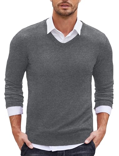 COOFANDY Herren V Ausschnitt Strickpullover Business Dünner Pullover Langarm Sweater Winter Männer Pullover Grau L von COOFANDY