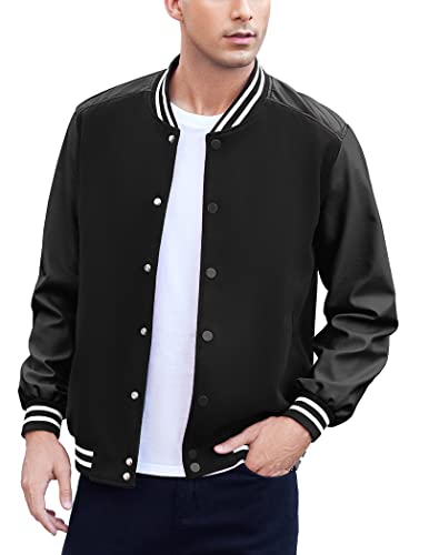 COOFANDY Herren Varsity Jacke Casual Leder Ärmel Baseball Letterman Bomberjacke Mantel, Pitch-Black, XL von COOFANDY