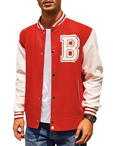 COOFANDY Herren Varsity Jacke Wollmischung Letterman Bomberjacke Baseball Leichte Jacke, Rot/Ausflug, einfarbig (Getaway Solids), S von COOFANDY