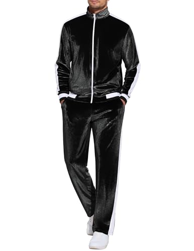 COOFANDY Herren-Trainingsanzug, 2-teiliges Set, Velourssamt, Jogginganzug, durchgehender Reißverschluss, Jacke, Hose, Outfits, Schwarz, Medium von COOFANDY