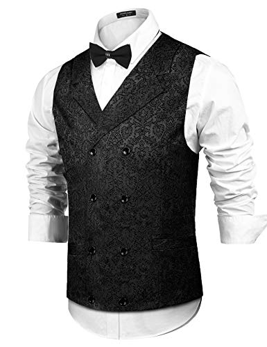 COOFANDY Viktorianische Herren-Weste, Steampunk, zweireihig, schmale Passform, Brokat, Paisleymuster, Blumenmuster, Schwarz, Large von COOFANDY