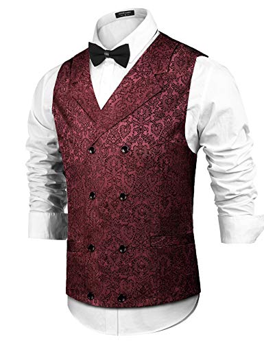 COOFANDY Herren Viktorianische Weste Steampunk zweireihig Anzug Weste Slim Fit Brokat Paisley Floral Weste, Weinrot, X-Large von COOFANDY