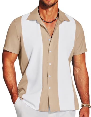 COOFANDY Herren Vintage Bowling Kurzarm Button Down Shirt Retro Casual Stylish Sommer Strand Faltenfrei Shirts, Helles Khaki-Weiß, XL von COOFANDY