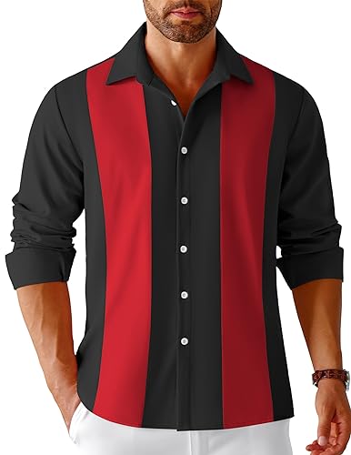 COOFANDY Herren Vintage Bowling Shirt Casual Langarm Button Down Retro Shirts, Schwarz Rot, L von COOFANDY