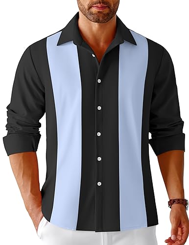 COOFANDY Herren Vintage Bowling Shirt Casual Langarm Button Down Retro Shirts, schwarz blau, Klein von COOFANDY