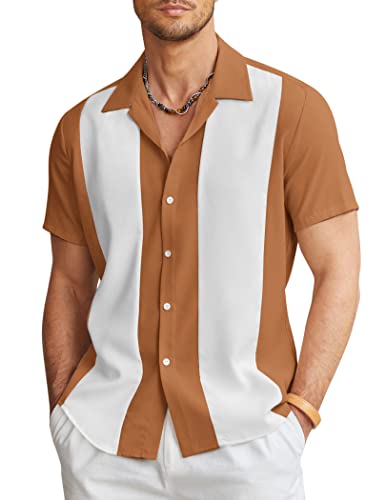 COOFANDY Herren Vintage Bowling Shirt Kurzarm Button Down Sommer Kuba Beach Shirts, Braun / Weiß, XL von COOFANDY