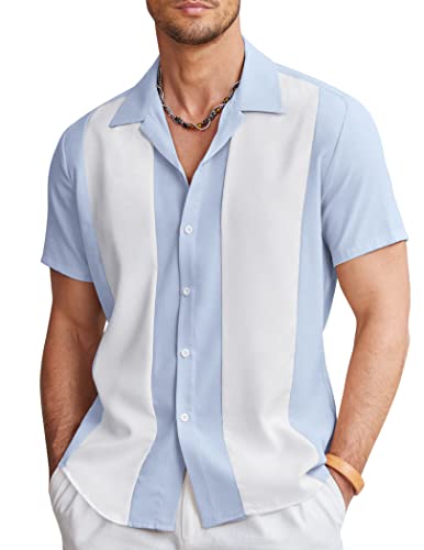 COOFANDY Herren Vintage Bowling Shirt Kurzarm Button Down Sommer Kuba Beach Shirts, Hellblau / Weiß, Mittel von COOFANDY