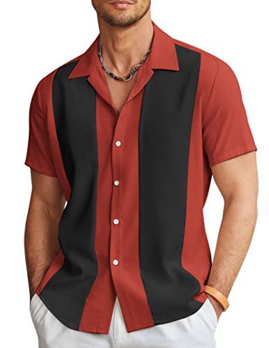 COOFANDY Herren Vintage Bowling Shirt Kurzarm Button Down Sommer Kuba Beach Shirts, Rot, schwarz, L von COOFANDY