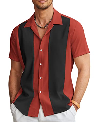 COOFANDY Herren Vintage Bowling Shirt Kurzarm Button Down Sommer Kuba Beach Shirts, Rot, schwarz, XX-Large von COOFANDY