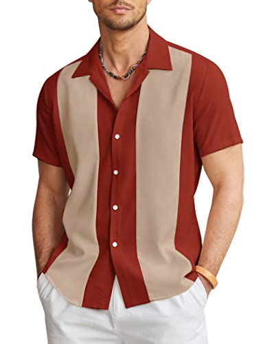 COOFANDY Herren Vintage Bowling Shirt Kurzarm Button Down Sommer Kuba Beach Shirts, Rot Helles Khaki, XL von COOFANDY