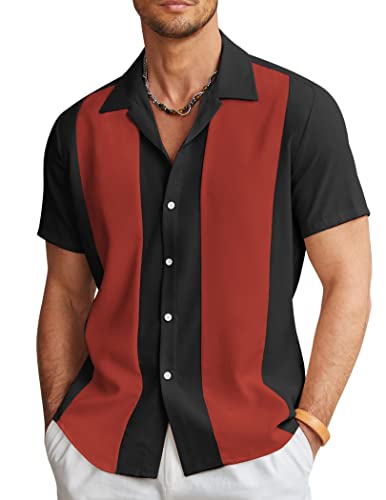 COOFANDY Herren Vintage Bowling Shirt Kurzarm Button Down Sommer Kuba Beach Shirts, Schwarz Rot, XL von COOFANDY