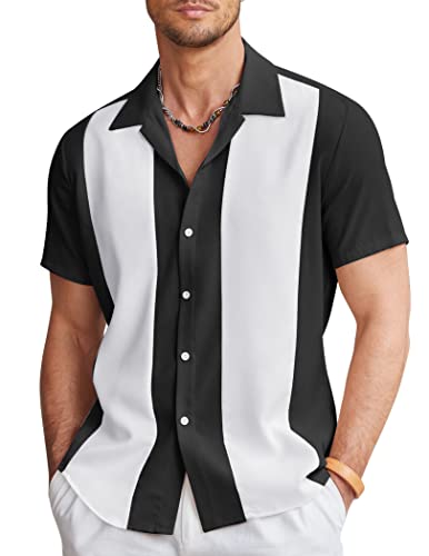 COOFANDY Herren Vintage Bowling Shirt Kurzarm Button Down Sommer Kuba Beach Shirts, Schwarz Weiß, Mittel von COOFANDY