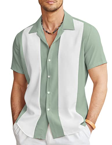 COOFANDY Herren Vintage Bowling Shirt Kurzarm Button Down Sommer Kuba Beach Shirts, grün / weiß, XL von COOFANDY