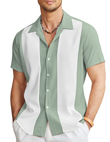 COOFANDY Herren Vintage Bowling Shirt Kurzarm Button Down Sommer Kuba Beach Shirts, grün / weiß, XX-Large von COOFANDY