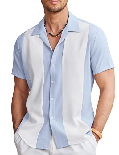 COOFANDY Herren Vintage Bowling Shirt Kurzarm Button Down Sommer Kuba Strand Shirts, Hellblau / Weiß, L von COOFANDY