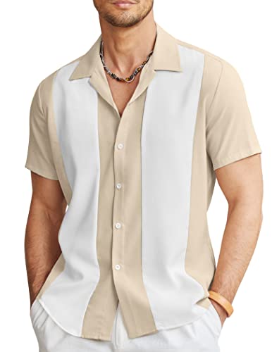 COOFANDY Herren Vintage Bowling Shirt Kurzarm Button Down Sommer Kuba Strand Shirts, Khaki Weiß, Klein von COOFANDY