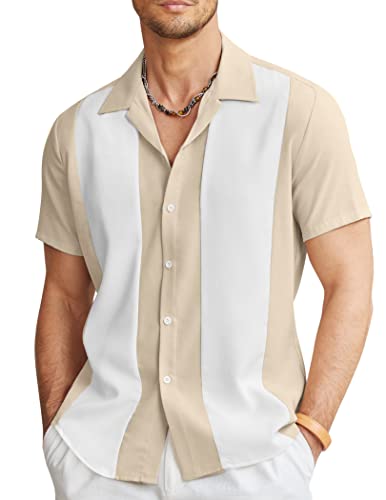 COOFANDY Herren Vintage Bowling Shirt Kurzarm Button Down Sommer Kuba Strand Shirts, Khaki Weiß, L von COOFANDY