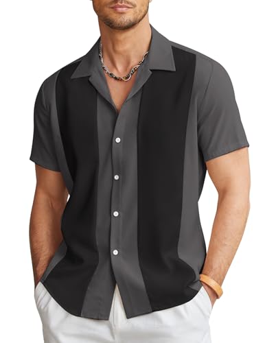 COOFANDY Herren Vintage Bowlingshirt Kurzarm Button Down Sommer Kuba Strand Shirts, dunkelgrau schwarz, Klein von COOFANDY