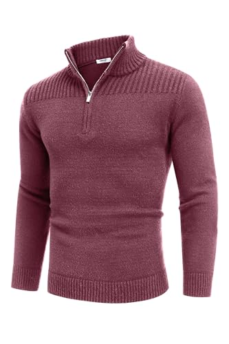 COOFANDY Herren Vtertel Zip Pullover Langarm Freizeit Regular Fit Arbeitspulllover mit Stehkragen Winter Warm Pulli für Männer Weinrot XXL von COOFANDY