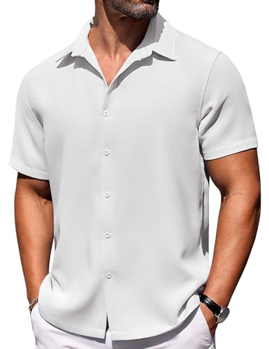 COOFANDY Herren Waffel Kurzarm Hemd Regular Fit Sommer Textur Shirts Business Casual Hemd Urlaub Tops, weiß, L von COOFANDY