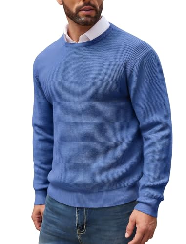 COOFANDY Herren Waffel Strickpullover Männer Einfarbig Langarm Slim Fit Winter Warm Pullover Tiefblau XL von COOFANDY