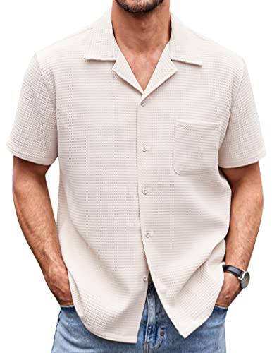 COOFANDY Herren Waffelhemd Button Down Kurzarm Shirt Loose Fit Cuban Beach Tops, Khaki, Mittel von COOFANDY