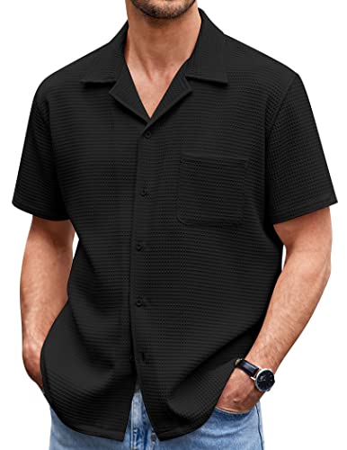 COOFANDY Herren Waffelhemd Button Down Kurzarm Shirt Loose Fit Cuban Beach Tops, Schwarz, XX-Large von COOFANDY