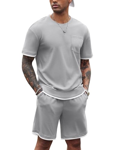 COOFANDY Herren Waffelhemd und Shorts Set 2 Stück Outfits Casual Sommer Trainingsanzüge Set mit Taschen, Hellgrau, Large von COOFANDY